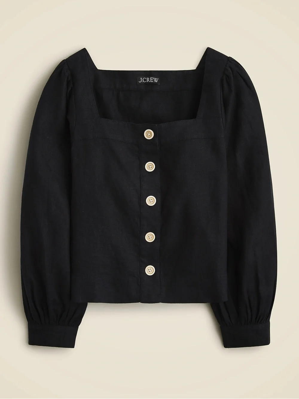J. Crew Black Square-Neck Button Front Puff Sleeve Blouse In Linen